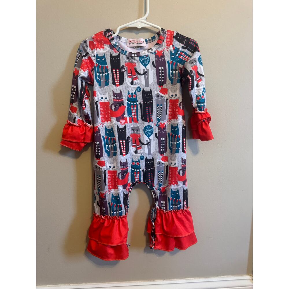 12-18 months clover cottage Christmas cat long sleeve romper